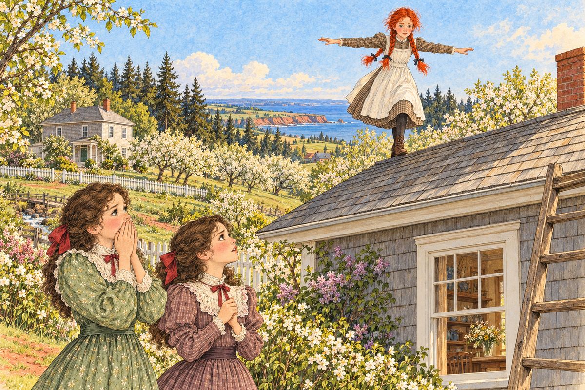 A week later, at Diana's party, the girls took to 'daring', and Josie Pye dared Anne to walk the ridgepole of Mr. Barry's kitchen roof. 'My honor is at stake,' Anne said, and she climbed up. She managed several dizzy steps, then swayed and slid down the far side of the roof into the Virginia creeper.