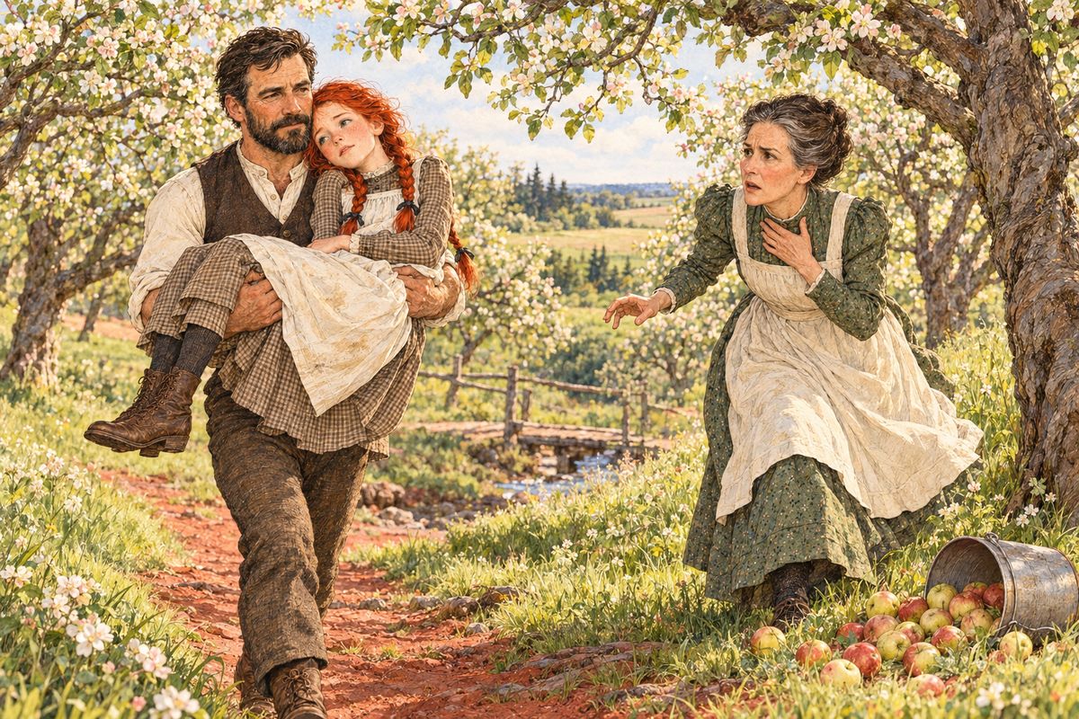 Marilla was picking apples in the orchard when she saw Mr. Barry coming up the slope with Anne lying limp in his arms. In that stab of fear she knew Anne was dearer to her than anything else on earth. 'Don't be very frightened, Marilla,' Anne said, lifting her head. 'I might have broken my neck.'