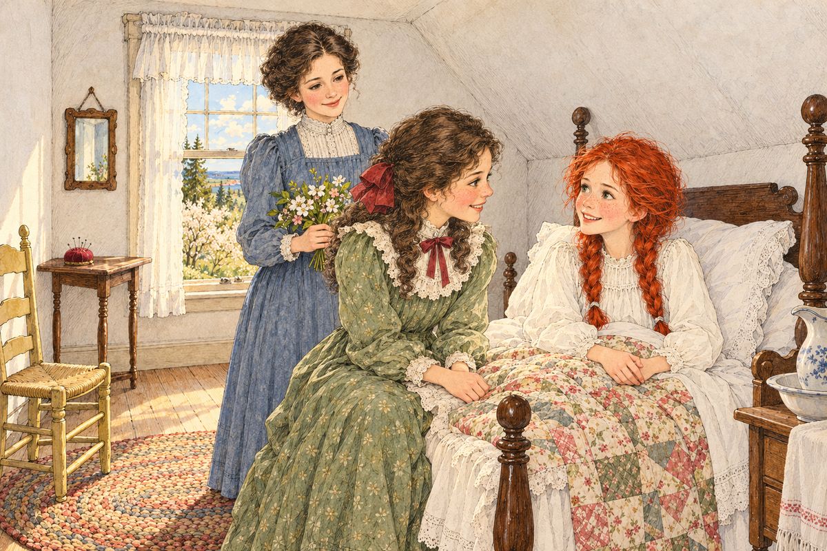 The doctor found that Anne's ankle was broken, and she was laid up for seven long weeks. Her imagination helped her through, and so did her visitors. Diana came every day, Mrs. Allan came fourteen times, and even Josie Pye looked in. Each one brought news of the new teacher, Miss Stacy, with her field afternoons and Friday recitations.