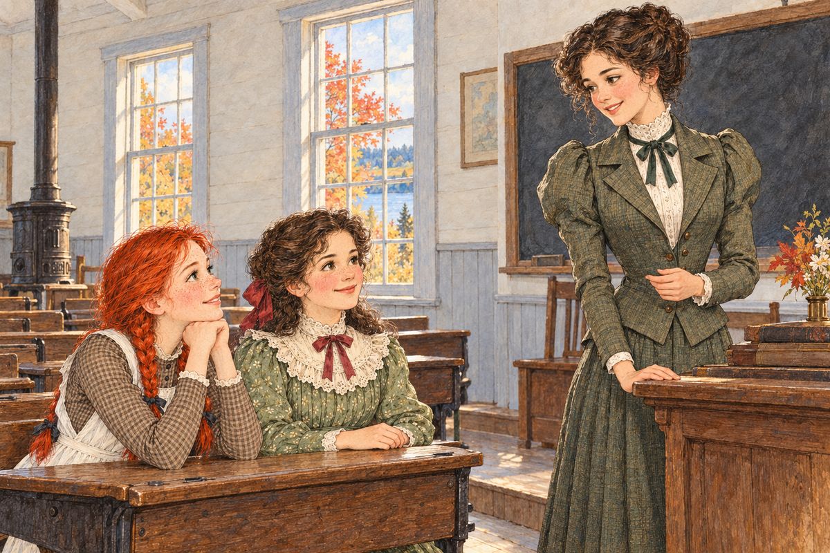 In a red-and-gold October Anne went back to her desk beside Diana and found a true friend in Miss Stacy. There were nature walks, compositions and recitations. In November Miss Stacy proposed a Christmas concert to buy a flag for the schoolhouse. Marilla called it rank foolishness, but Anne threw herself into the rehearsals heart and soul.