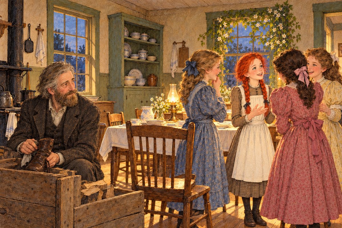 One December twilight Matthew sat unnoticed in the woodbox corner as the girls left a practice. Something made Anne look different from her friends. After two hours with his pipe he knew what it was: they wore bright dresses with puffed sleeves, while Marilla kept Anne in plain dark ones. He decided to give her a pretty dress for Christmas.