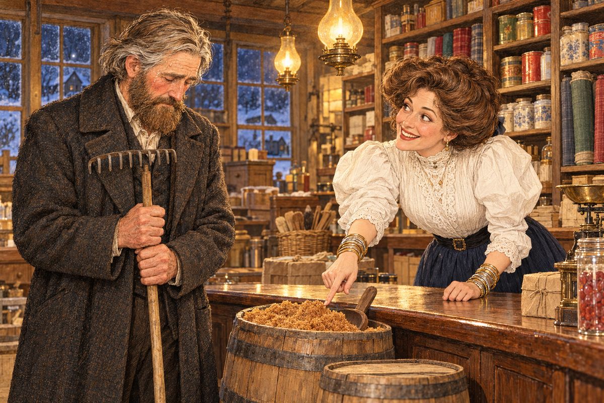 In Carmody, Matthew found a dashing lady clerk, Miss Lucilla Harris, behind Lawson's counter, and her rattling bangles wrecked his nerve. Instead of a dress, he asked for a garden rake in December, then for hayseed, and finally carried home twenty pounds of coarse brown sugar. 'I thought it might come in handy sometime,' he told a puzzled Marilla.