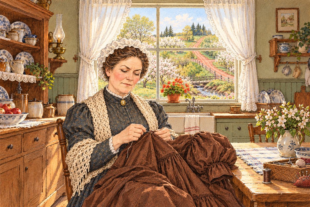 At last Matthew asked Mrs. Lynde for help. She chose a rich brown gloria and sewed it herself, fitting it to her niece, Jenny Gillis. Matthew had asked for the sleeves 'made in the new way', so she gave them the latest fashionable puffs. On Christmas Eve, Marilla received the dress stiffly but tolerantly.
