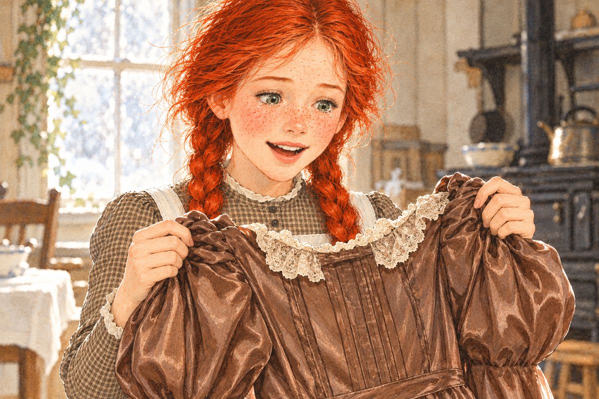 Christmas morning broke white and lovely. Matthew shyly unfolded the dress, and Anne gazed at its frills and lace and its two great puffed sleeves until her eyes filled with tears. 'Oh, Matthew, it's perfectly exquisite,' she whispered. Later Diana brought a gift from Aunt Josephine: dainty kid slippers with beaded toes, just right for a fairy.
