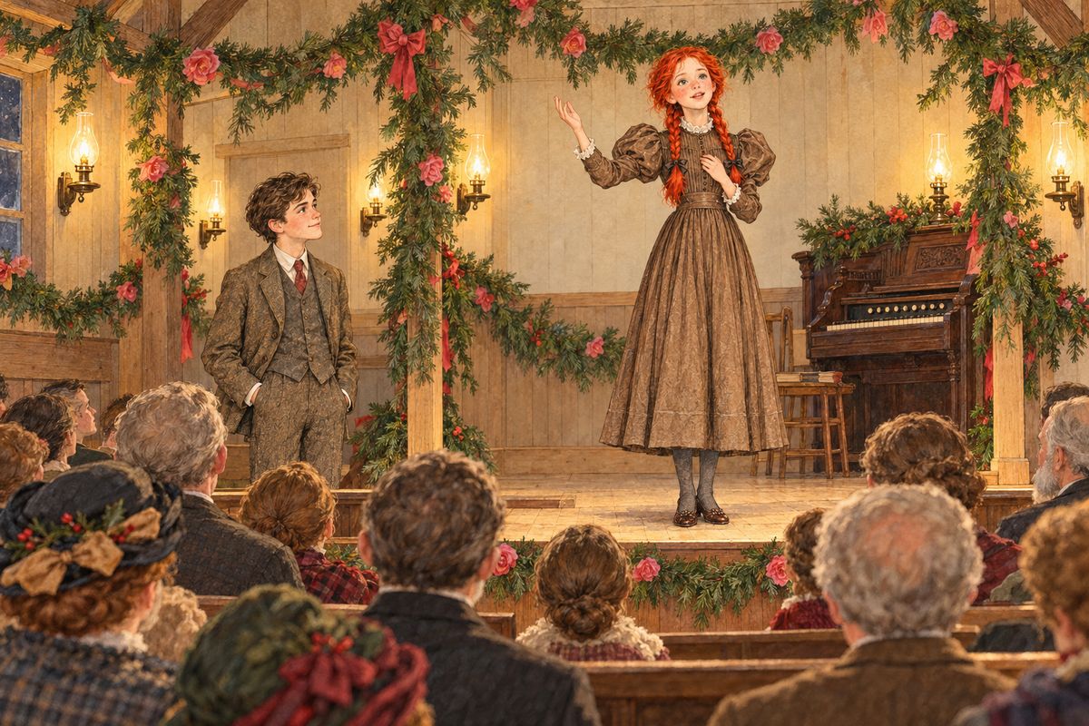 That evening the little hall was crowded, and Anne was the bright particular star, as even Josie Pye dared not deny. Facing what felt like a million eyes, she thought of her puffed sleeves and took courage. Her sad recitation brought tears to old Mrs. Sloane's eyes. Afterward, Diana told her Gilbert had pocketed a rose from her hair.