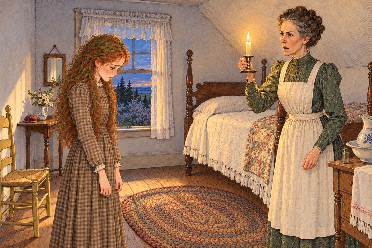 One April evening Marilla came home to a cold kitchen and found Anne hiding face-down in the east gable. A peddler had sold her a bottle of dye that he swore would turn red hair raven black. By candlelight Marilla stared. 'Anne Shirley, what have you done to your hair? Why, it's green!'