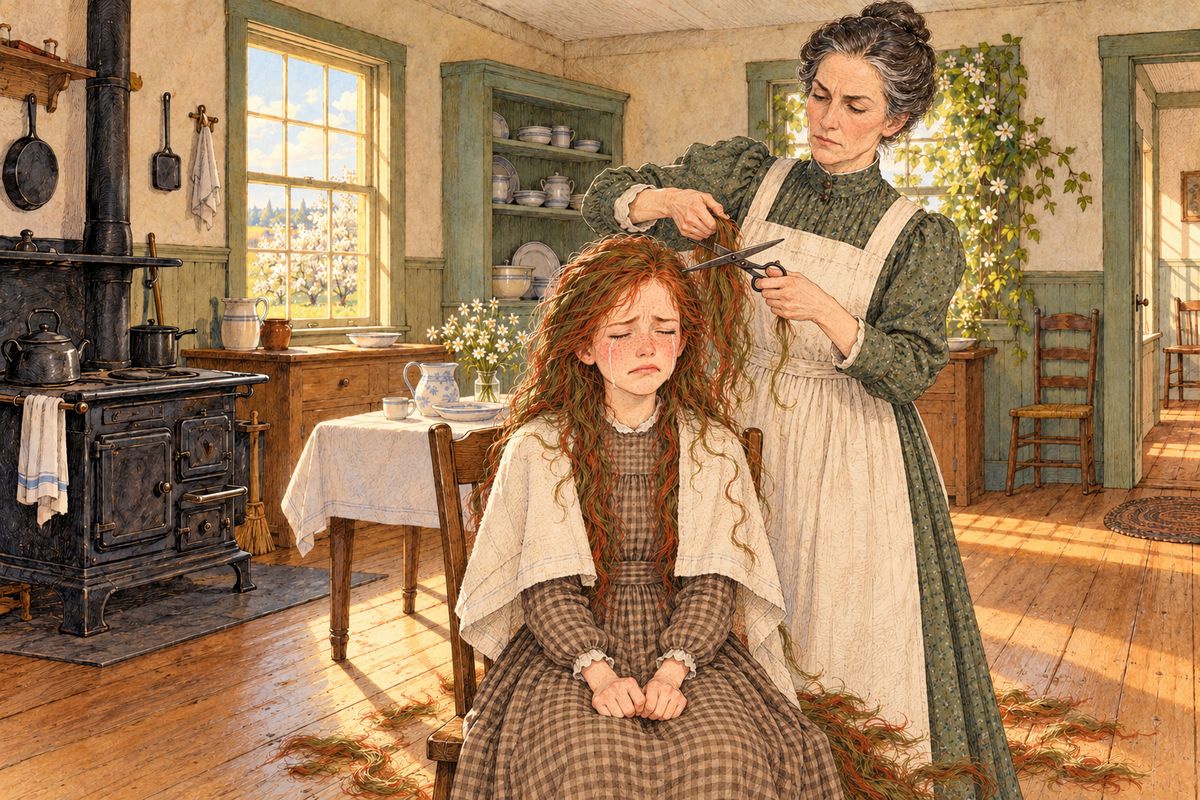 For a week Anne stayed home and scrubbed her hair every day, but the fast dye would not wash out. At last Marilla took up the scissors and cut it as close as she could, while Anne wept that it was such an unromantic affliction.