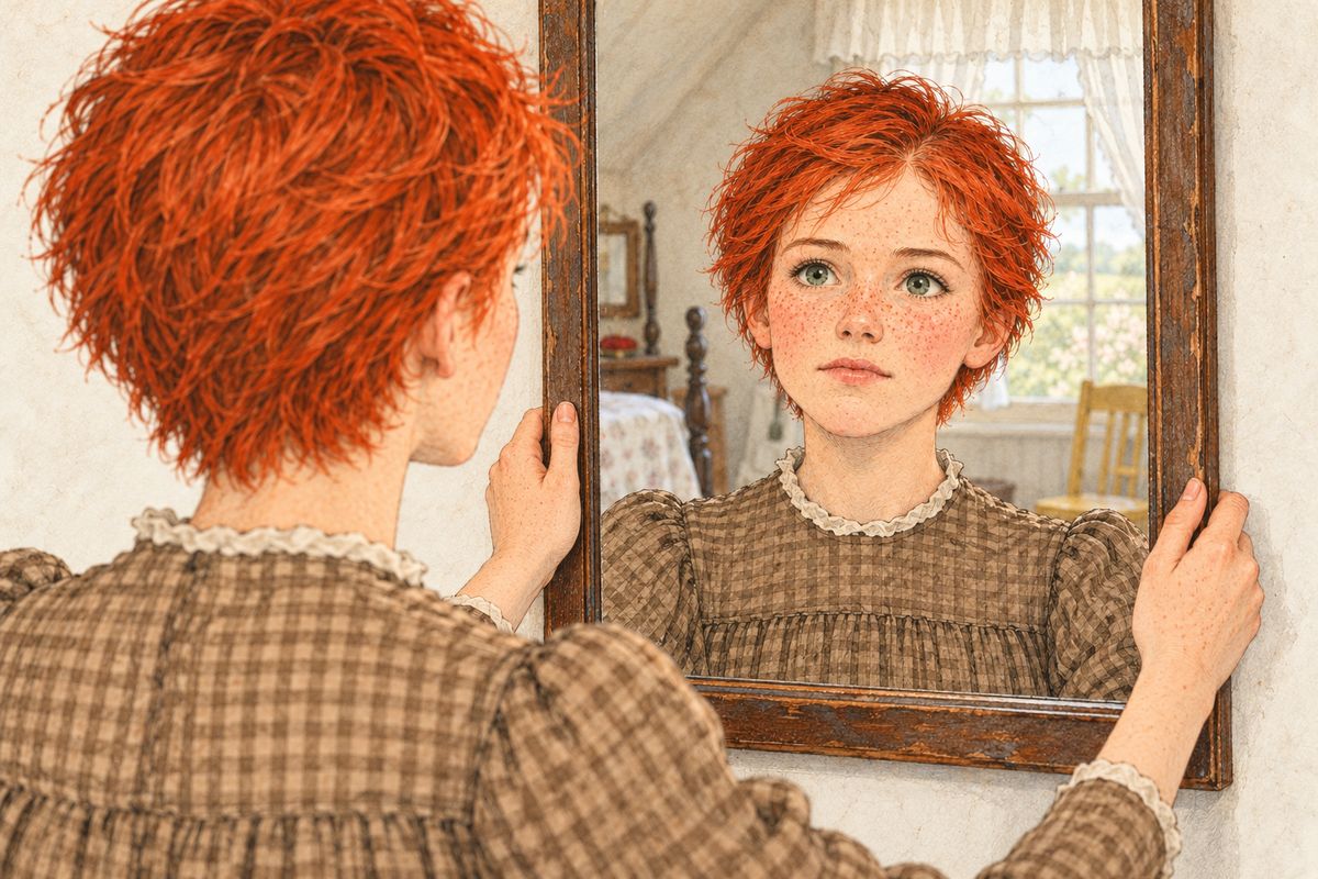 Upstairs, Anne turned the looking-glass to the wall, then set it right again. As a penance for her vanity, she would look at her ugly cropped head every time she came into her room, and she would not imagine it away.