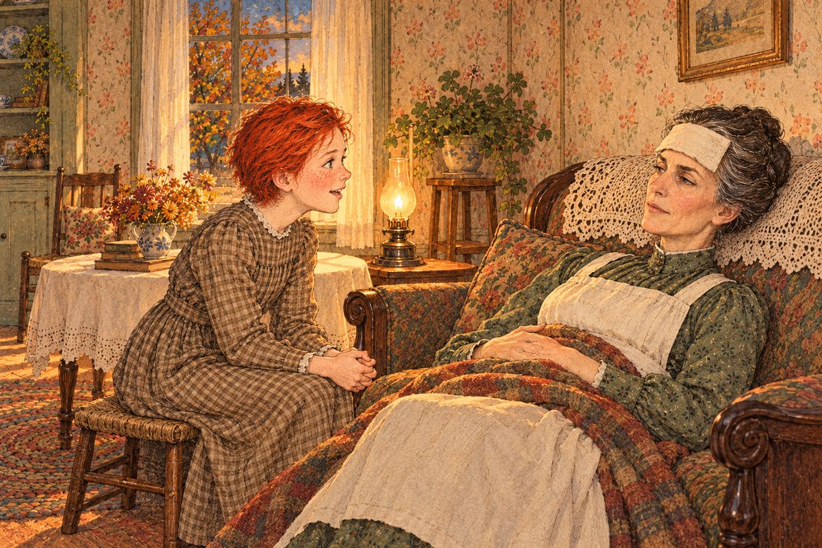 At school Josie Pye called her a scarecrow, and Anne forgave her. That evening she chattered on to Marilla, who lay on the sofa with a headache. 'As for your chatter, I don't know that I mind it—I've got so used to it.' That was Marilla's way of saying she liked to hear it.