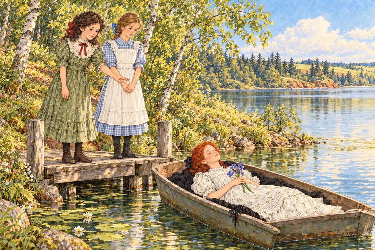 By midsummer Anne's short curls had darkened to something nearly auburn. On the Barry pond the girls played Tennyson's 'Elaine', and Anne lay in Mr. Barry's flat under a black shawl, a blue iris in her folded hands, while Diana, Jane and Ruby pushed the lily maid off toward the bridge.