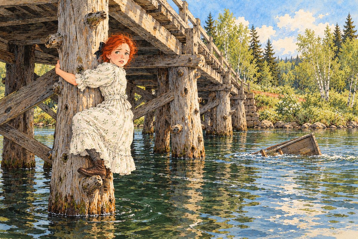 Then the flat began to leak, torn by an old stake at the landing, and the oars had been left behind. Anne prayed with her eyes open. When the sinking flat bumped a bridge pile, she scrambled onto an old branch stub and clung there, while the girls ran shrieking for help.