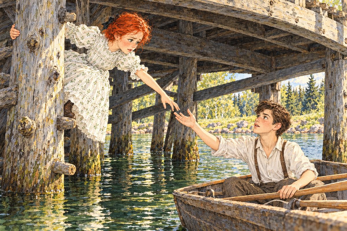 Just as her arms ached past bearing, Gilbert Blythe came rowing under the bridge in Harmon Andrews's dory. 'Anne Shirley! How on earth did you get there?' There was no help for it: Anne took his hand and climbed down into the boat, dripping and furious.