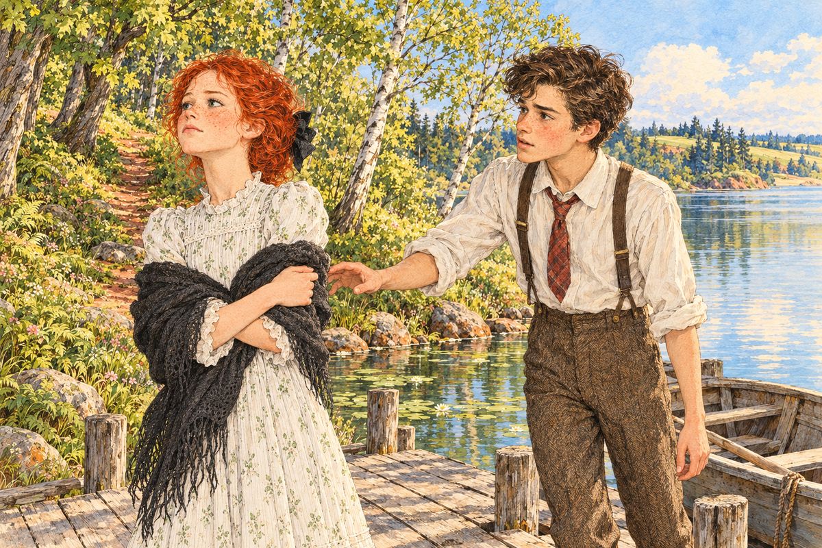 At the landing Gilbert asked to be friends and said her hair was awfully pretty now. Anne's heart gave a queer little beat, but she remembered 'carrots'. 'I shall never be friends with you, Gilbert Blythe!' He rowed off angrily, and as she climbed the path she felt an odd pang of regret.