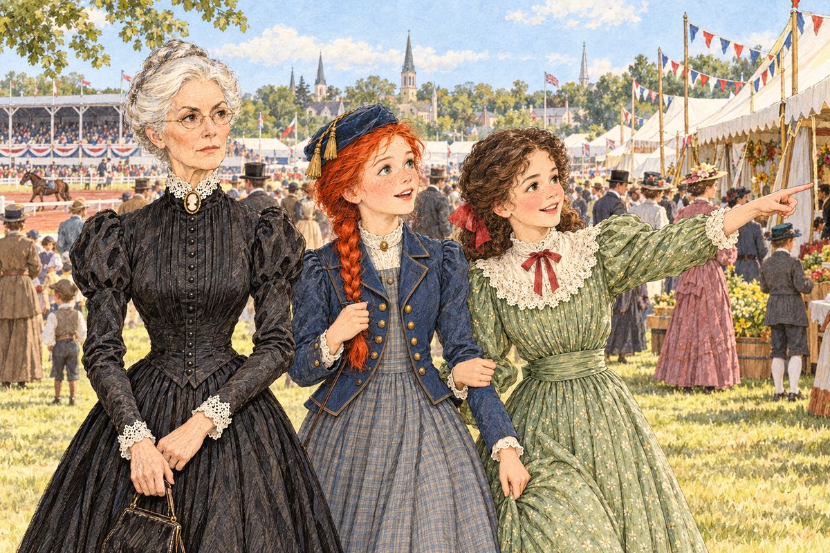 That September, Diana's Aunt Josephine invited the girls to stay with her in Charlottetown for the Exhibition. Marilla agreed, and on Wednesday Miss Barry kept them on the grounds all day among thousands of strangers, admiring horses, flowers and prize fancywork, and even glimpsing the races and a balloon going up.