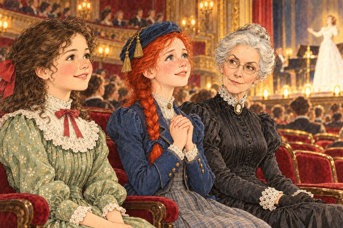 On Thursday evening Miss Barry took them to hear the prima donna Madame Selitsky, in white satin and diamonds. Anne sat in enraptured silence with happy tears in her eyes. "It seemed to me that it could never be hard to be good any more," she said afterward.