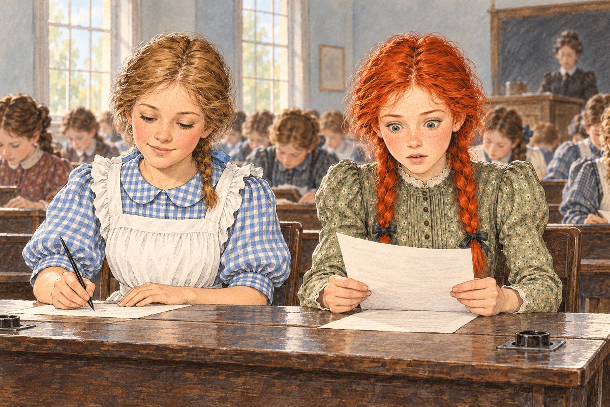 In June, Miss Stacy's last term ended, and Anne and Diana walked home in tears. The next week Anne went to Charlottetown for the Entrance exams. When the English paper was handed out her hands went cold and her head whirled. Then her mind cleared, and she knew she could manage it, though the geometry paper still to come filled her with dread.