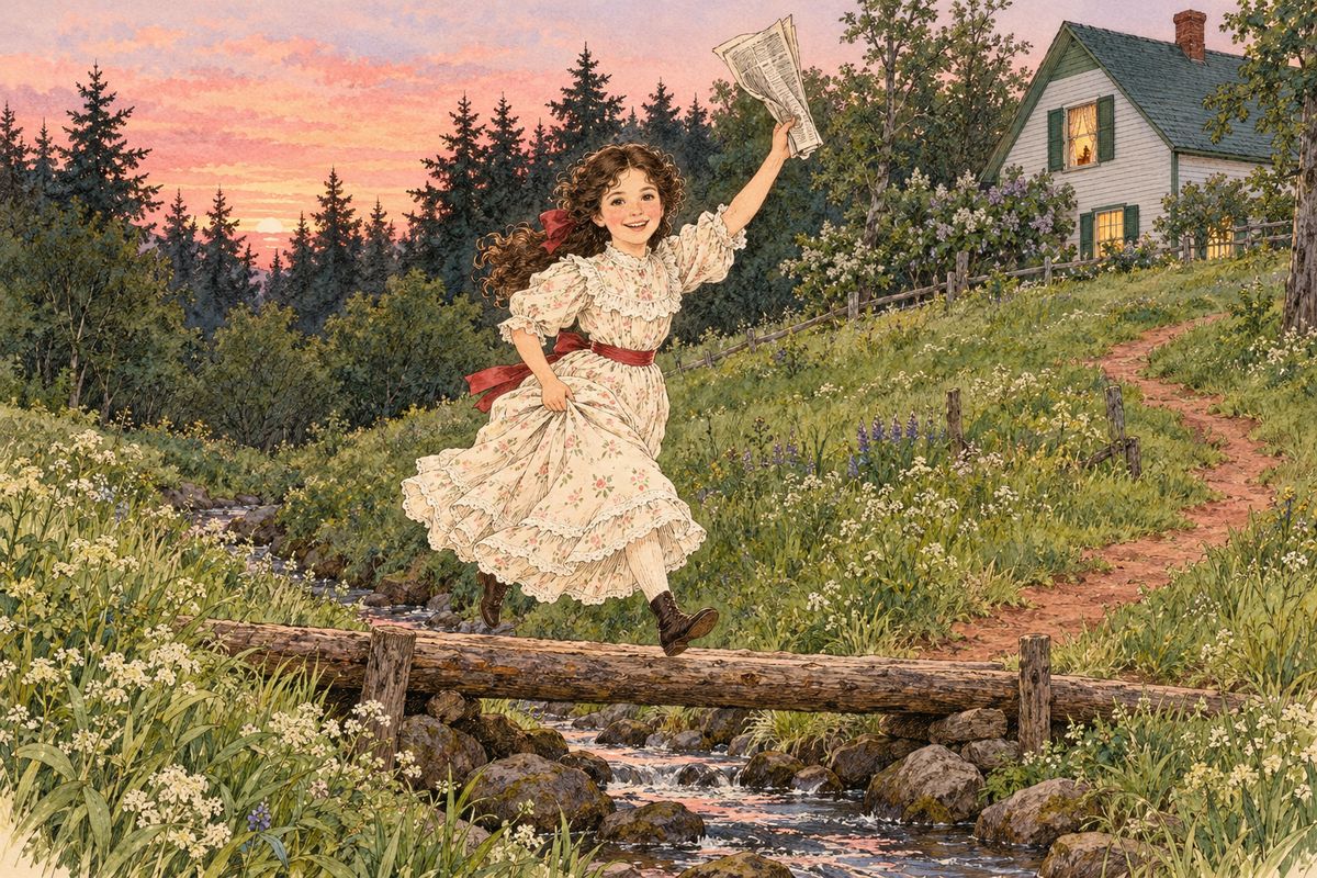 Three anxious weeks went by with no pass list. Then one summer dusk, sitting at her open window, Anne saw Diana come flying down through the firs and over the log bridge, a newspaper fluttering in her hand. Minutes later Diana burst into the room: "Anne, you've passed the very first—you and Gilbert both—you're ties—but your name is first!"