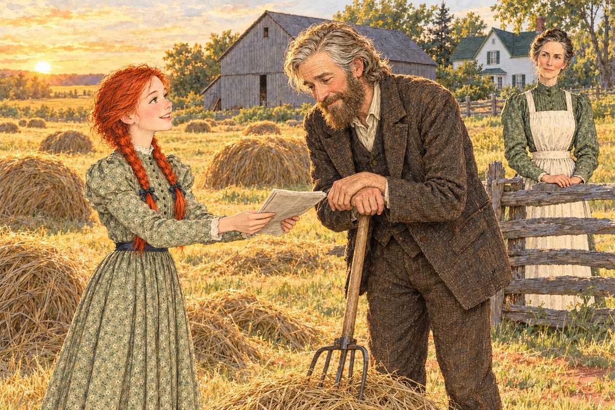Anne's name was at the very top of a list of two hundred. She ran straight to the hayfield, where Matthew was coiling hay. "Oh, Matthew, I've passed and I'm first!" Matthew beamed: he had always said she could beat them all. At the fence, Marilla tried to hide her pride, while Mrs. Lynde declared they were all proud of her.