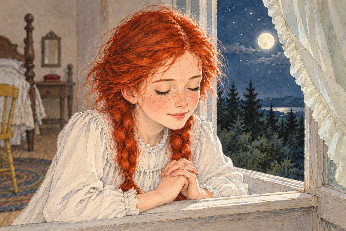 That night, after a quiet talk with Mrs. Allan at the manse, Anne knelt by her open window in the moonlight. She whispered a prayer that came straight from her heart, giving thanks for all she had been given and asking help to be worthy of what lay ahead.