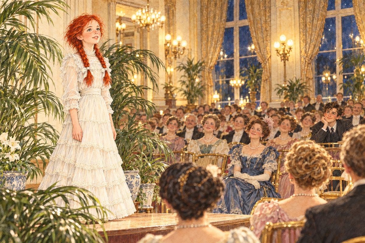 Later that summer Anne recited at a concert at the White Sands Hotel, wearing her white organdy and the pearl beads Matthew had given her. On the brilliant platform she froze with stage fright. Then she saw Gilbert smiling at the back of the hall. Sure he was laughing at her, she flung up her head and recited as never before, and won an encore.