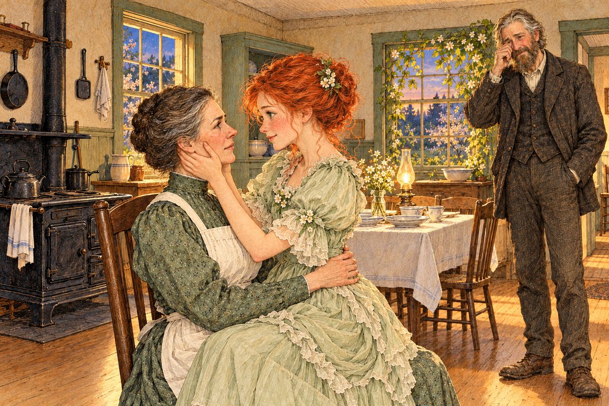 Marilla bought Anne a delicate pale green dress to take to Queen's. One evening Anne put it on and recited for them in the kitchen, and Marilla, remembering the frightened orphan in her ugly wincey dress, began to cry. Anne sat on her lap and held her lined face. "At heart I shall always be your little Anne."