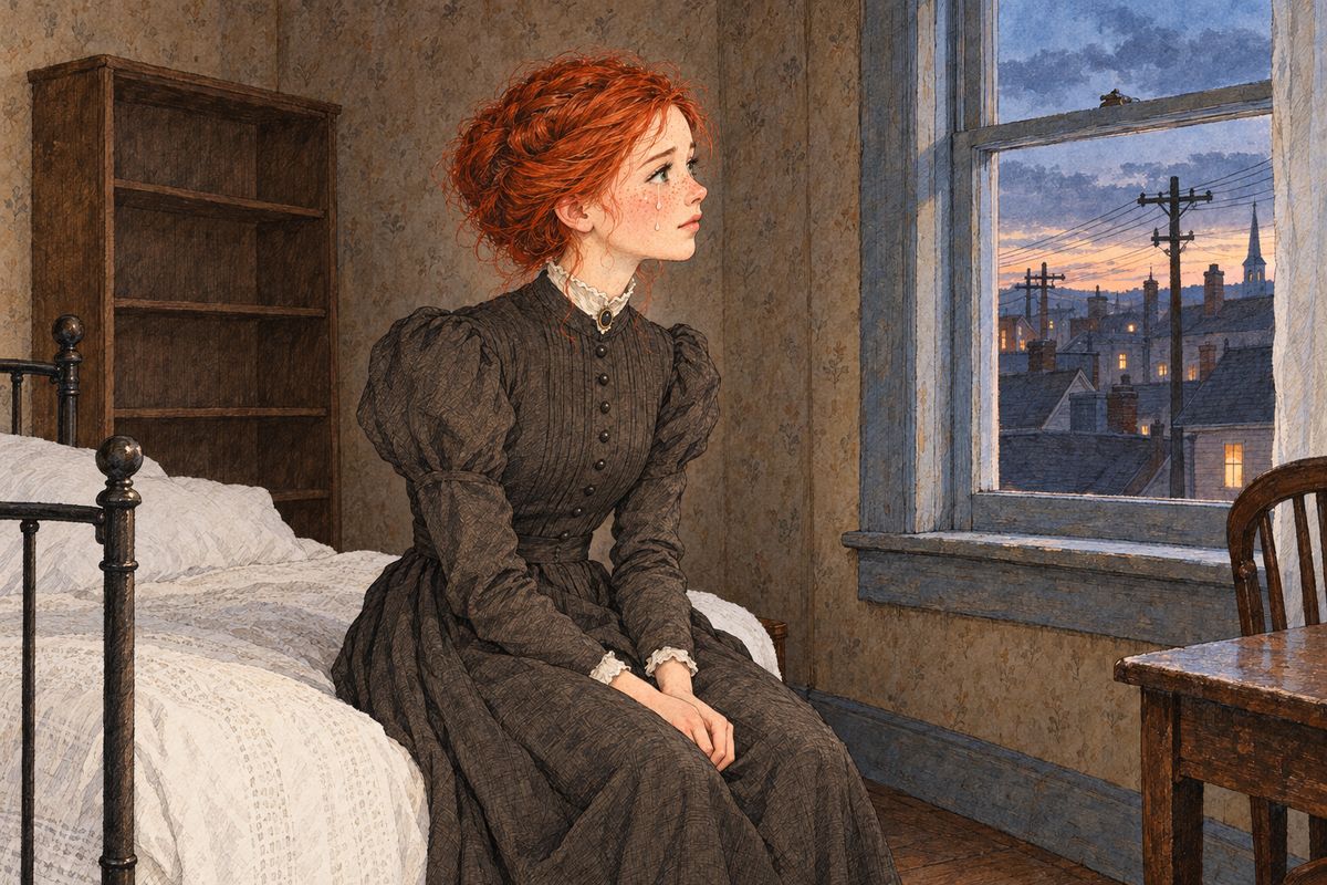 In September Matthew drove Anne to town, and Marilla wept into her pillow that night. Anne, studying for her First Class licence in one year with Gilbert in her class, boarded alone in a bare little room. She counted her tears and thought of the orchard and Diana's window light, until her Avonlea classmates came by and Josie brought news of an Avery scholarship for English.