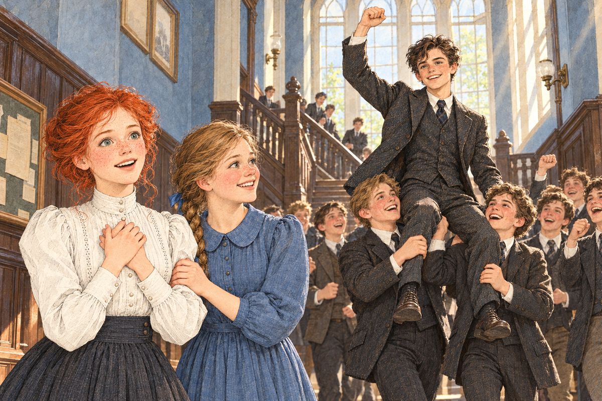 Anne worked all winter, and her rivalry with Gilbert lost its bitterness. On results day she found the hall full of boys carrying him on their shoulders: "Hurrah for Blythe, Medalist!" Her heart sank, until someone shouted, "Three cheers for Miss Shirley, winner of the Avery!"