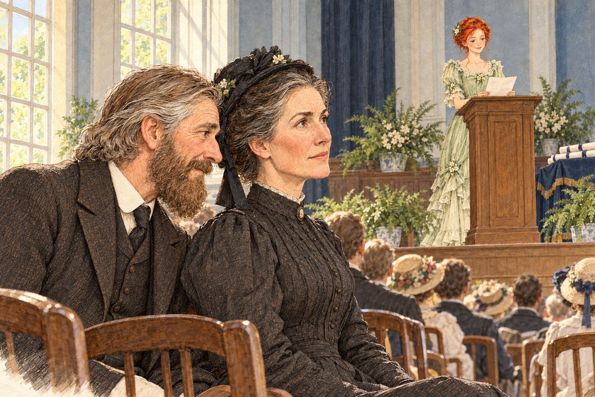 At Commencement Anne, tall in her pale green dress, read the best essay, and everyone whispered that she was the Avery winner. "Reckon you're glad we kept her, Marilla?" Matthew whispered. "It's not the first time I've been glad," Marilla retorted, as Miss Barry poked her with a parasol to say how proud she was.