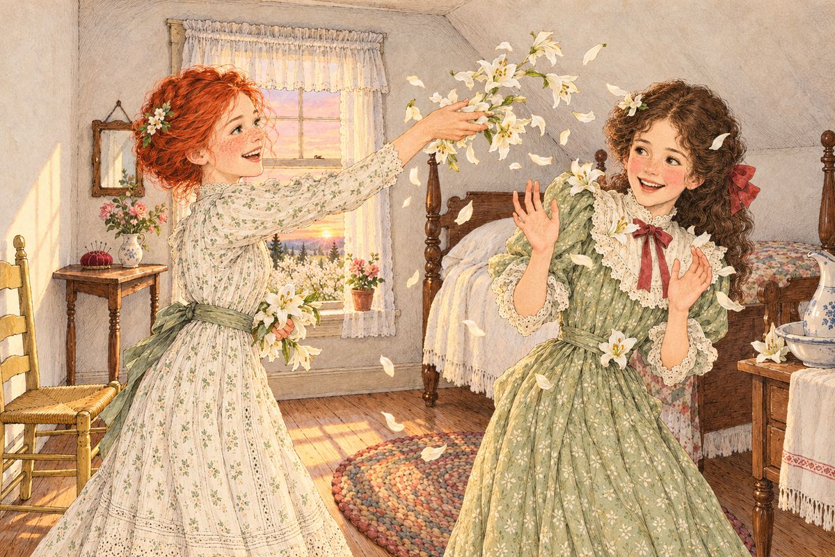Back at Green Gables, among the apple blossoms, Diana said reproachfully that Josie Pye claimed Anne loved Stella Maynard better. Anne laughed and pelted her with June lilies. Then Diana told her that Gilbert could not afford college and would teach instead, and Anne felt an odd little dismay at losing her friend the enemy.