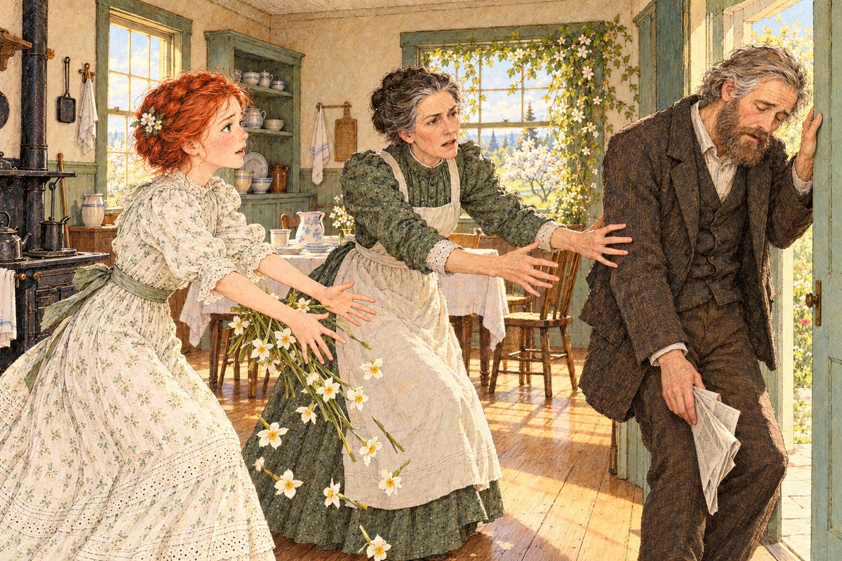 One spring morning in Anne's sixteenth year, she came through the hall with her arms full of white narcissus just as Matthew stood in the porch doorway, gray-faced, a newspaper crushed in his hand. It held the news that the Abbey Bank had failed, and every cent the Cuthberts had was in it. Before Anne or Marilla could reach him, he fell.