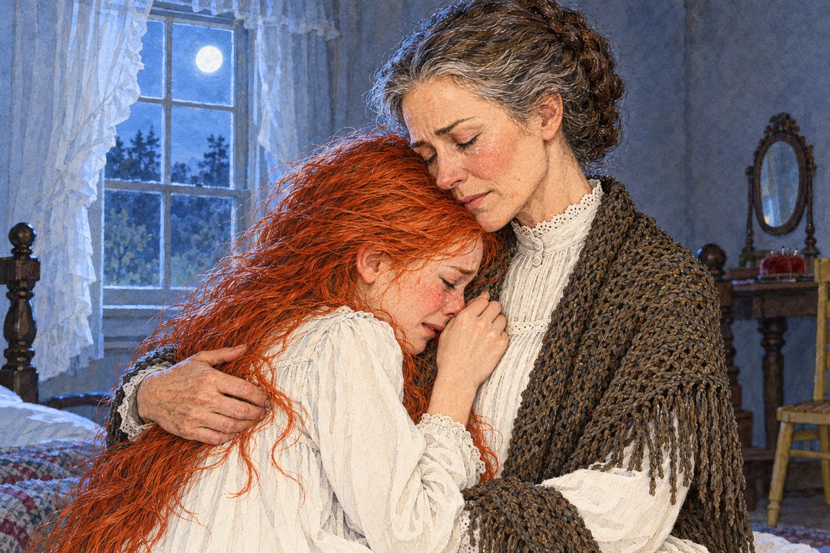 Anne had no tears all day. But she woke in the dark and remembered Matthew smiling at the gate the evening before, saying, "My girl—my girl that I'm proud of." Then she wept her heart out. Marilla crept in and held her, and for the first time said it: "I love you as dear as if you were my own flesh and blood."