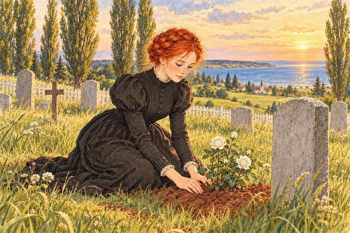 Two days later Matthew was buried, and Avonlea went quietly back to its work. Anne planted a slip of the little white Scotch rosebush his mother had brought from Scotland, the roses Matthew had loved best. When she worried that laughing again was disloyal, Mrs. Allan told her gently that Matthew had always liked to hear her laugh.