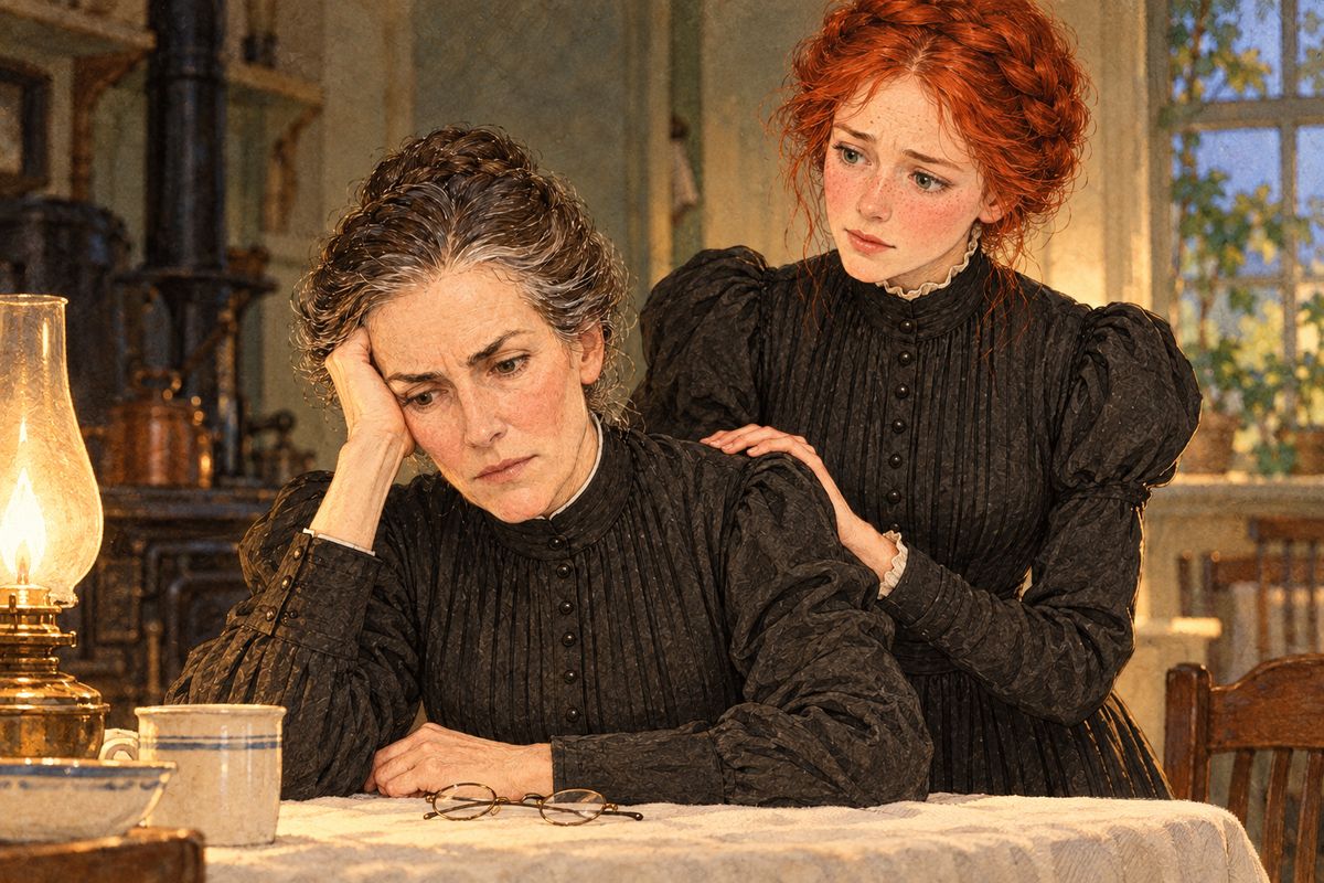The next evening Anne found Marilla slumped at the kitchen table. The oculist had warned that unless she gave up reading and sewing, and never cried, she would be stone-blind in six months. A few days later a man from Carmody came offering to buy the farm. With the money gone, Marilla wept: she would have to sell Green Gables.