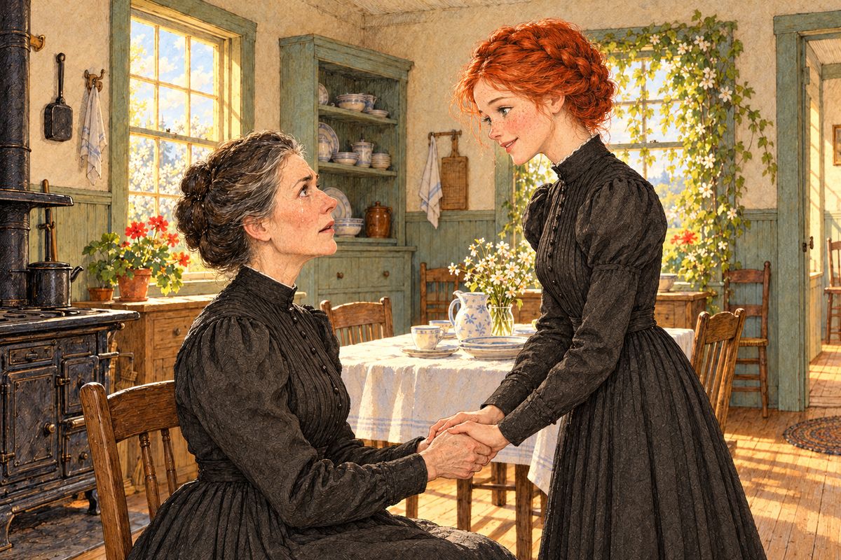 "You mustn't sell Green Gables," Anne said firmly. She would give up her scholarship to Redmond College, stay home, teach at Carmody and read aloud to Marilla. "There is no sacrifice," she laughed. Her road had come to a bend, she said, and she would believe the best lay around it. "You blessed girl!" Marilla said, and gave in.