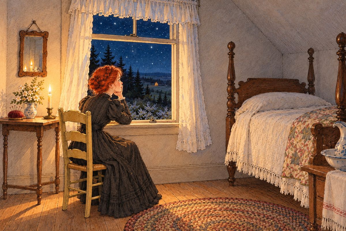 That night Anne sat long at her window, content. The wind purred in the cherry boughs and Diana's light gleamed through the old gap in the trees. Her path might be narrower now, but she knew flowers of quiet happiness would bloom along it, and there was always the bend in the road. "God's in his heaven, all's right with the world."