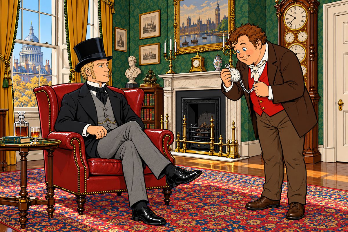 The new man was Jean Passepartout, a cheerful Frenchman who had been a singer, a circus rider and a Paris fireman. When asked the time, he drew out his enormous silver watch: twenty-two past eleven. "You are four minutes too slow," said Mr. Fogg. "From this moment, twenty-nine minutes after eleven, you are in my service."