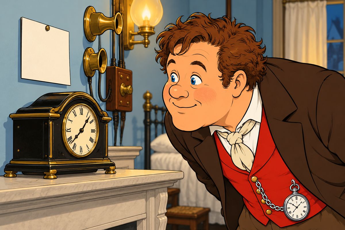 Fogg put on his hat and left without another word. Alone, Passepartout, who had quit young Lord Longferry and nine other restless masters in search of a quiet life, explored the house from cellar to garret. In his own room, the clock on the mantel ticked the same second as the one in his master's bedroom, and a card beside it listed every duty to the minute.