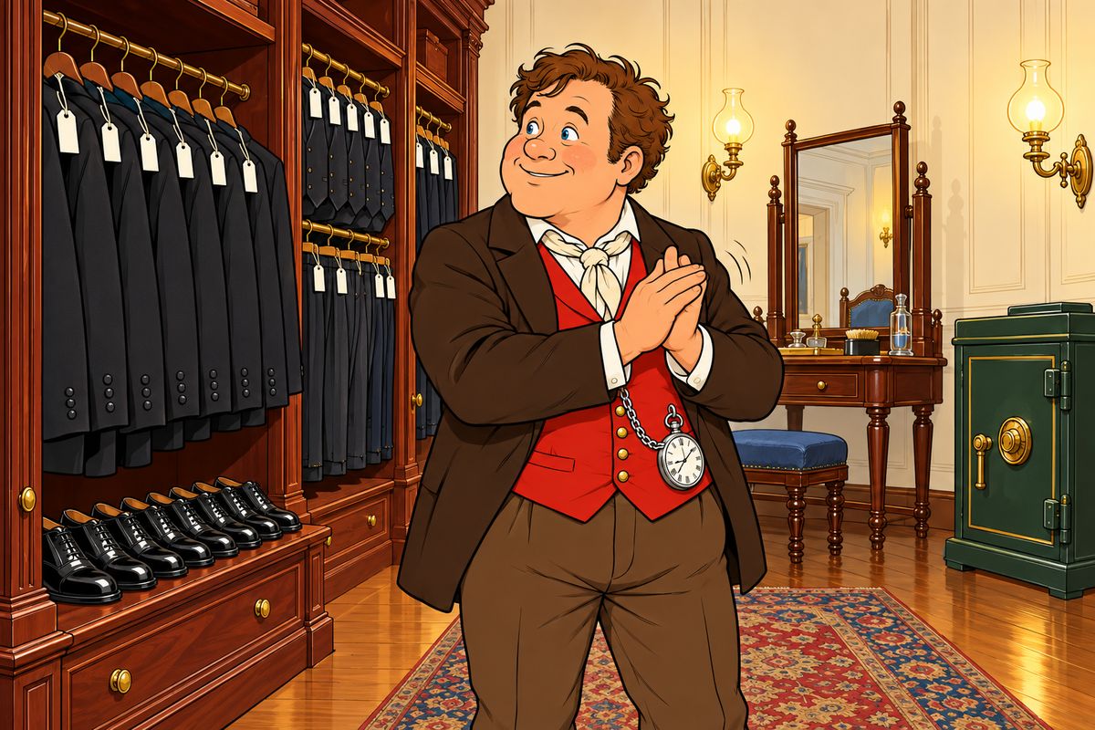 Every coat, waistcoat and pair of trousers bore a number for its season, and the shoes did too; there were no books and no weapons, only perfect order. Passepartout rubbed his hands and beamed. "This is just what I wanted! A real machine; well, I don't mind serving a machine."