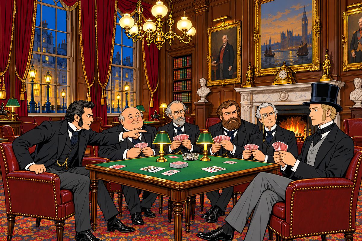 Exactly 575 steps of his right foot and 576 of his left brought Mr. Fogg from Saville Row to the Reform Club in Pall Mall. That evening, at the whist table, his friends talked of nothing but the £55,000 stolen from the Bank of England. 'The world is big enough' for a thief to hide in, said Stuart. 'It was once,' said Phileas Fogg quietly.