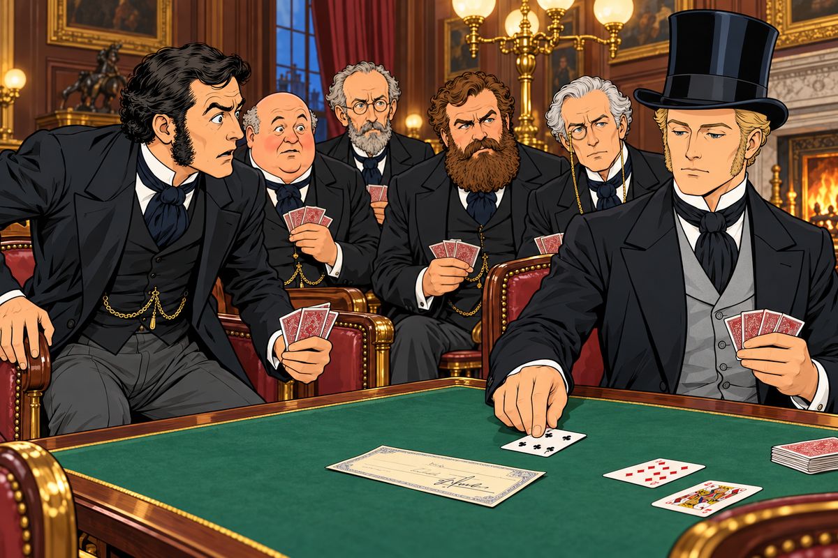 When Stuart said a man needed three months to go round the world, Fogg replied, 'In eighty days.' He staked £20,000, half his fortune, that he would be back in this very room by a quarter to nine on Saturday, 21 December. His astonished friends accepted. Then he took up his cards again: 'Diamonds are trumps: be so good as to play, gentlemen.'