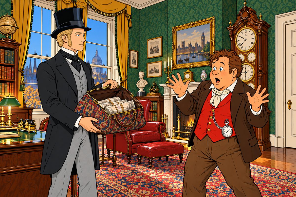 At twenty-five past seven, hours before his usual time, Fogg came home and told a dumbfounded Passepartout, 'We start for Dover and Calais in ten minutes.' They were going round the world. By eight a single carpet-bag was packed, and Fogg, a red Bradshaw's railway guide under his arm, slipped in a fat roll of banknotes: twenty thousand pounds.