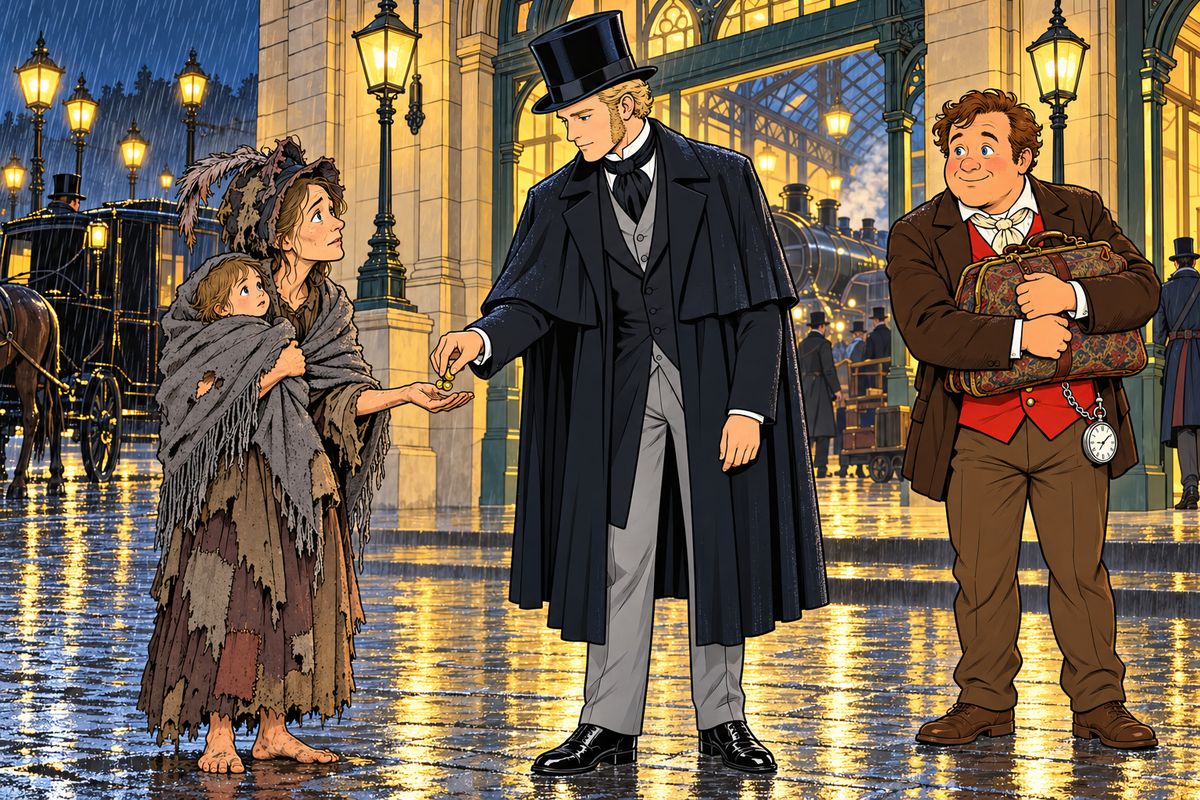 Outside Charing Cross station a barefoot beggar-woman with a child begged for alms, and Fogg gave her the twenty guineas he had just won at whist. At a quarter to nine the train pulled out into the rain. Near Sydenham Passepartout cried out that he had forgotten to turn off the gas in his room. 'Very well, young man,' said Fogg. 'It will burn at your expense.'