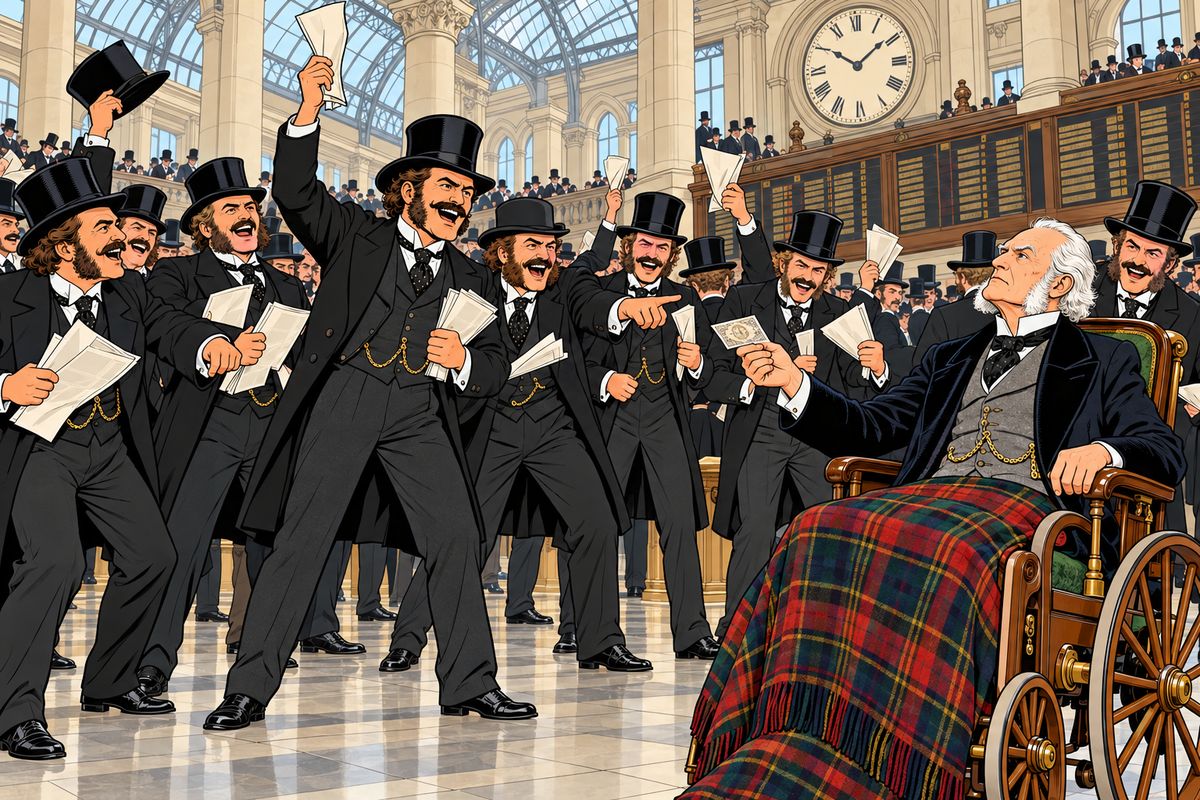 All London argued about the wager. Newspapers called Fogg mad, and 'Phileas Fogg' bonds sank on 'Change until only old Lord Albemarle, bound to his chair, still bet five thousand on him: 'If the thing is feasible, the first to do it ought to be an Englishman.' Then a telegram reached Scotland Yard from Suez: 'I've found the bank robber, Phileas Fogg. FIX, Detective.'