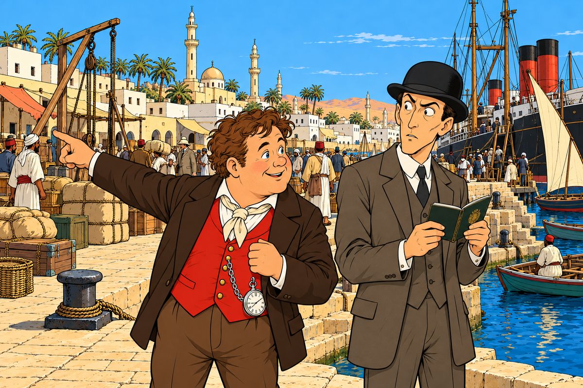 At Suez on 9 October, Detective Fix paced the quay, waiting for the steamer Mongolia and the bank robber. 'Great robbers always look like honest folks,' he had boasted to the consul. When the ship anchored, a Frenchman asked him the way to the consulate and showed him his master's passport. Fix nearly jumped: the description matched the robber's exactly.