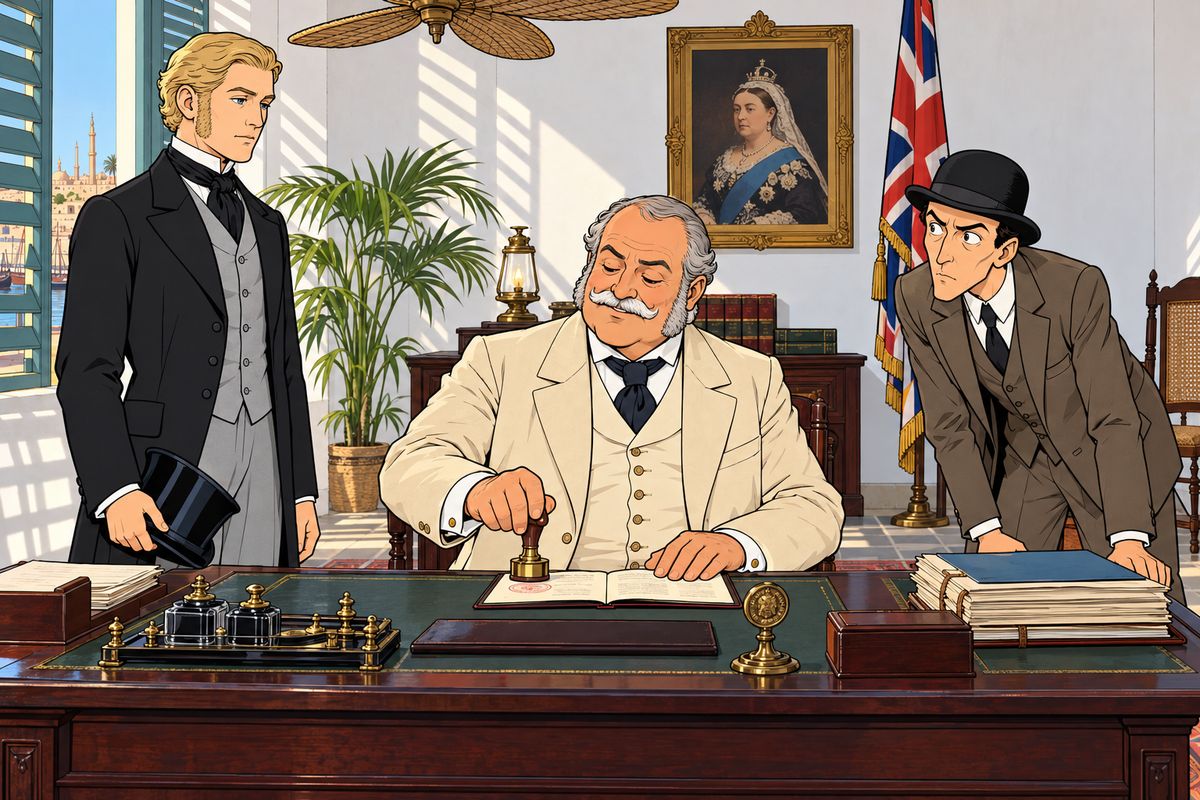 Fix hurried to the consul, begging him to refuse the visa, but soon Passepartout returned with his master. Phileas Fogg calmly held out his passport, though Suez demanded no visa. 'I wish to prove, by your visa, that I came by Suez,' he said. The consul signed and stamped it while Fix stared at the stranger from a corner.
