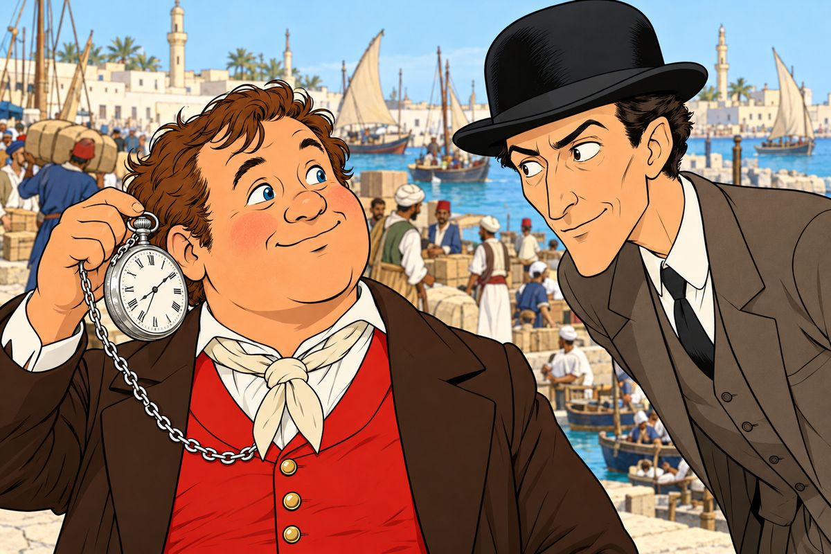 Fix then fell into step with the chatty servant and offered to guide him to a shop. Passepartout's great-grandfather's watch still kept London time, two hours behind. 'Then the sun will be wrong!' he declared. Soon he had told Fix everything: the hasty departure, the bundles of new banknotes, the eighty-day wager. Fix wired London for a warrant and boarded the Mongolia.