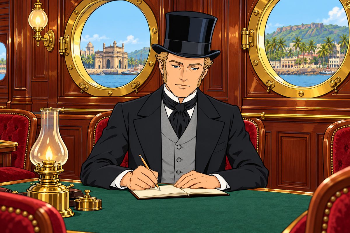 Through the Red Sea storms Fogg played whist and never went on deck, while Fix, who said he was a shipping-company agent, won Passepartout's trust over glasses of ale. On 20 October the Mongolia reached Bombay, due on the 22nd. Fogg calmly wrote 'two days ahead' in his notebook, in the column for gains.