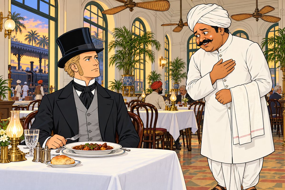 At Bombay, Mr. Fogg sent Passepartout off on errands and went to dine at the station. The landlord proudly served 'jungle rabbit.' Fogg tasted it and fixed him with a clear, cold eye. "Cats were formerly considered sacred in India," he remarked. "That was a good time—perhaps for the travellers as well!"