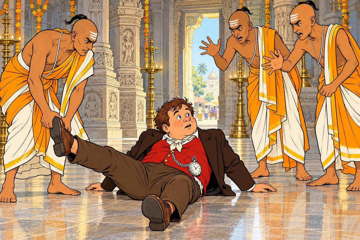Passepartout bought shirts and shoes, then gaped at a Parsee festival until he had wandered far off. On his way back he spotted the splendid pagoda on Malabar Hill and strolled in, still wearing his shoes. Suddenly he was knocked flat on the sacred floor, and three furious priests fell on him and tore his shoes off.