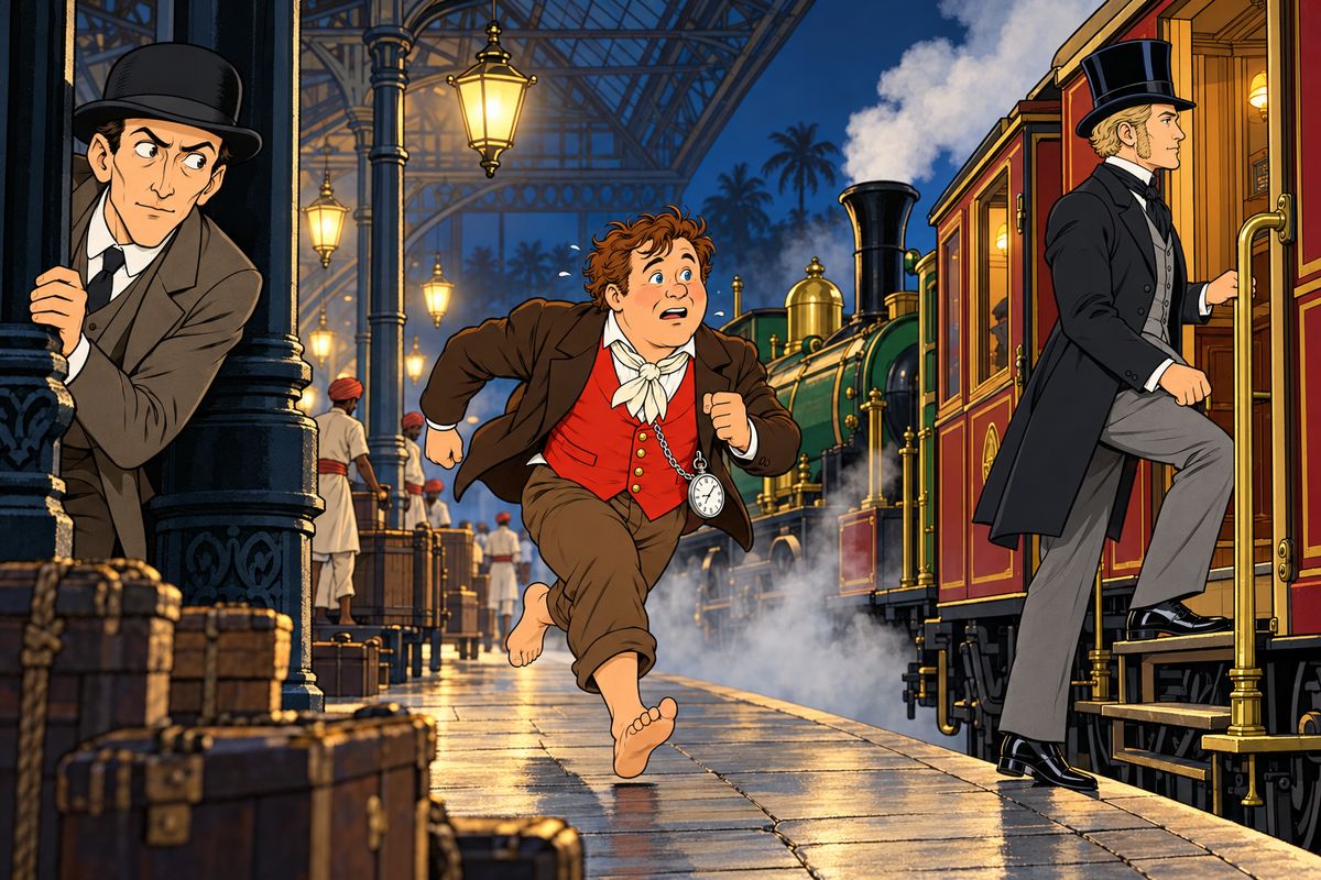 Passepartout fought free and ran. At five to eight he burst into the station, hatless, shoeless and without his parcel. "I hope this will not happen again," said Fogg coldly, and boarded the train. Fix watched from the shadows and changed his mind about following. "No, I'll stay," he muttered. "An offence has been committed on Indian soil. I've got my man."
